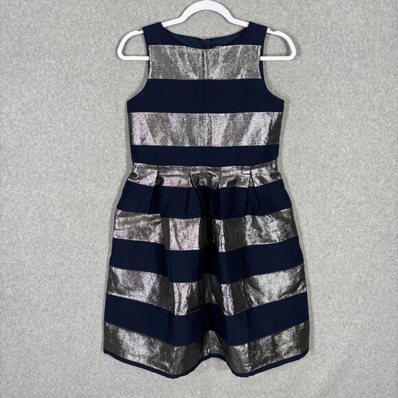 Lands End Dress Girl 14 Navy Silver Sparkle Striped Sailor Party Nautical Preppy